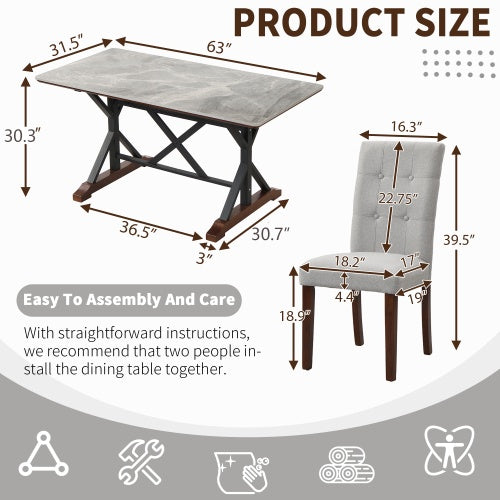 Modern Dining Table For 6-8, 7 Piece Kitchen Dining Table Set, Gray Sintered Stone Dining Table With 6 Tufted Upholstered Chairs, 63-inch Rectangle Dining Table For Dining Room