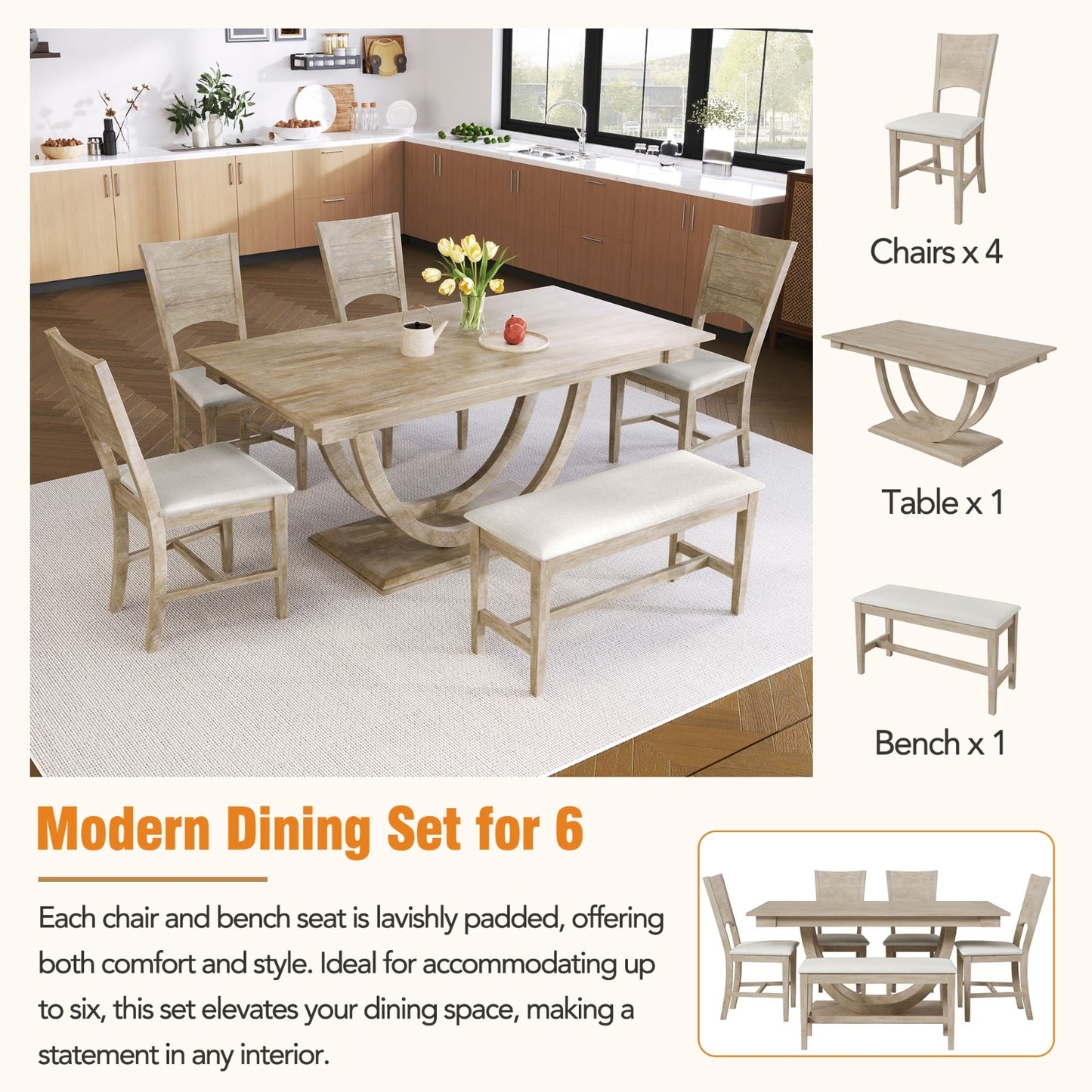 TOPMAX 6-Piece Wood Half Round Dining Table Set With Long Bench & 4 Chairs