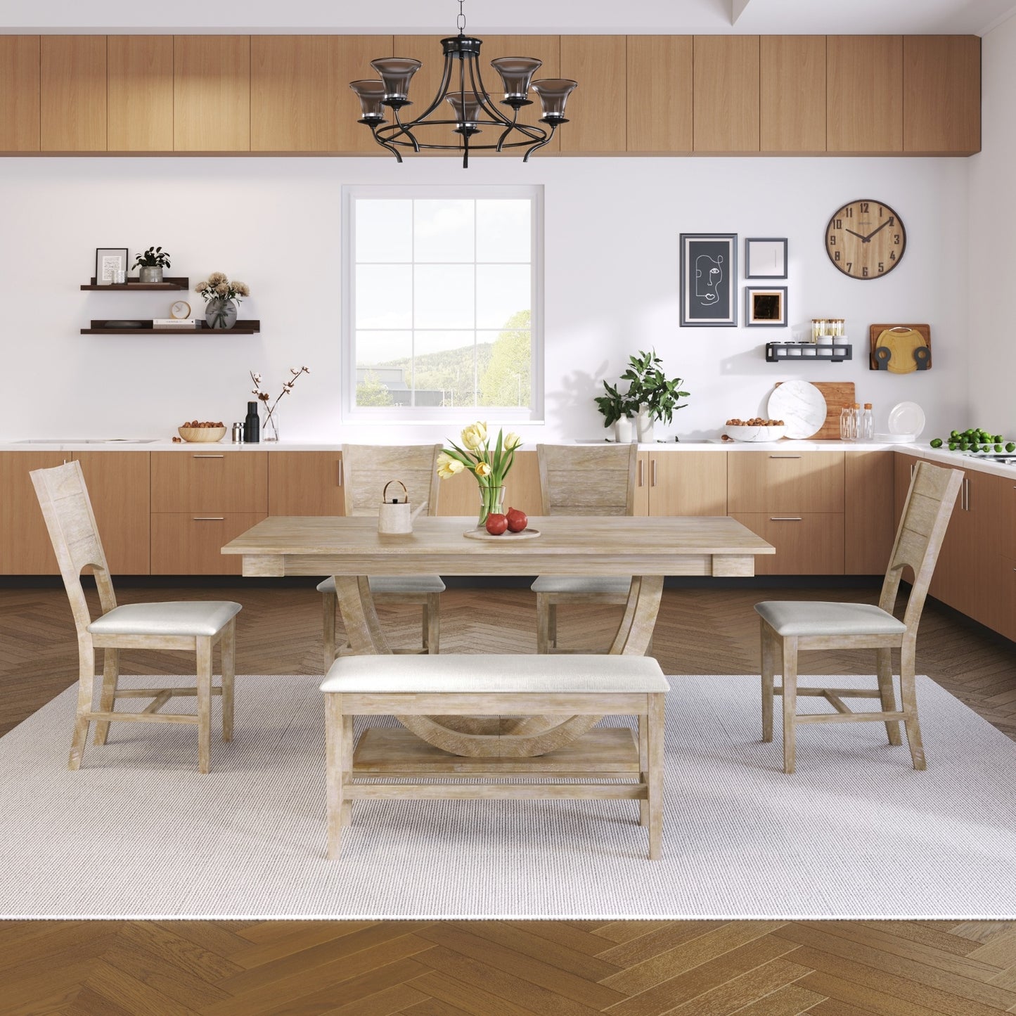 TOPMAX 6-Piece Wood Half Round Dining Table Set With Long Bench & 4 Chairs