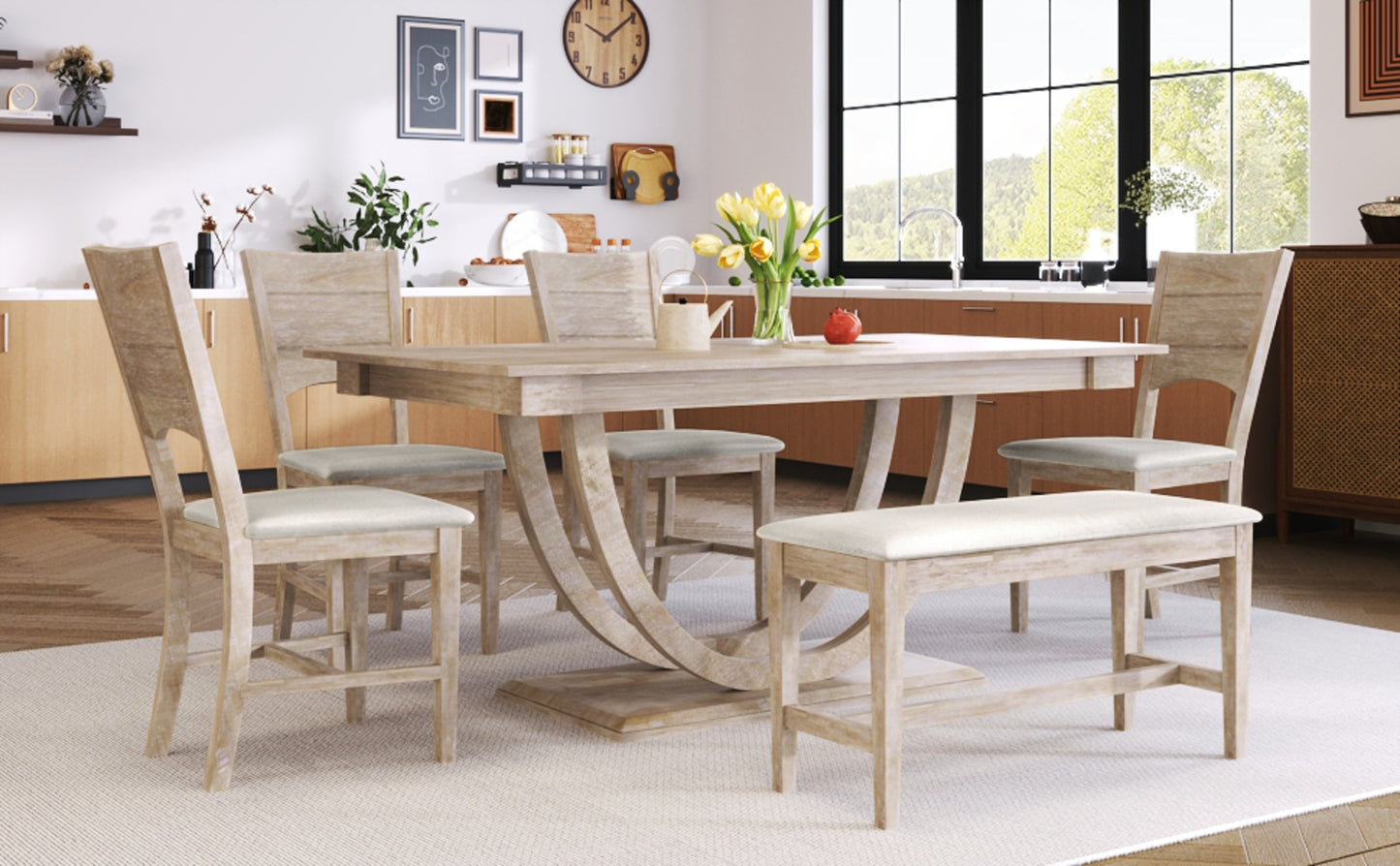 TOPMAX 6-Piece Wood Half Round Dining Table Set With Long Bench & 4 Chairs