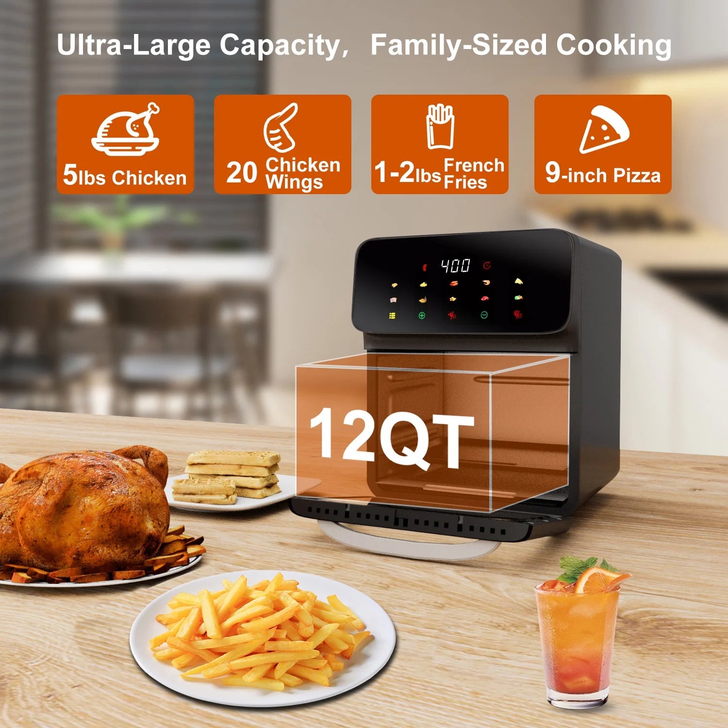 Air Fryer 12QT Convection Oven with Visible Window, 10-In-1 Multi Function and Touchscreen, Gray