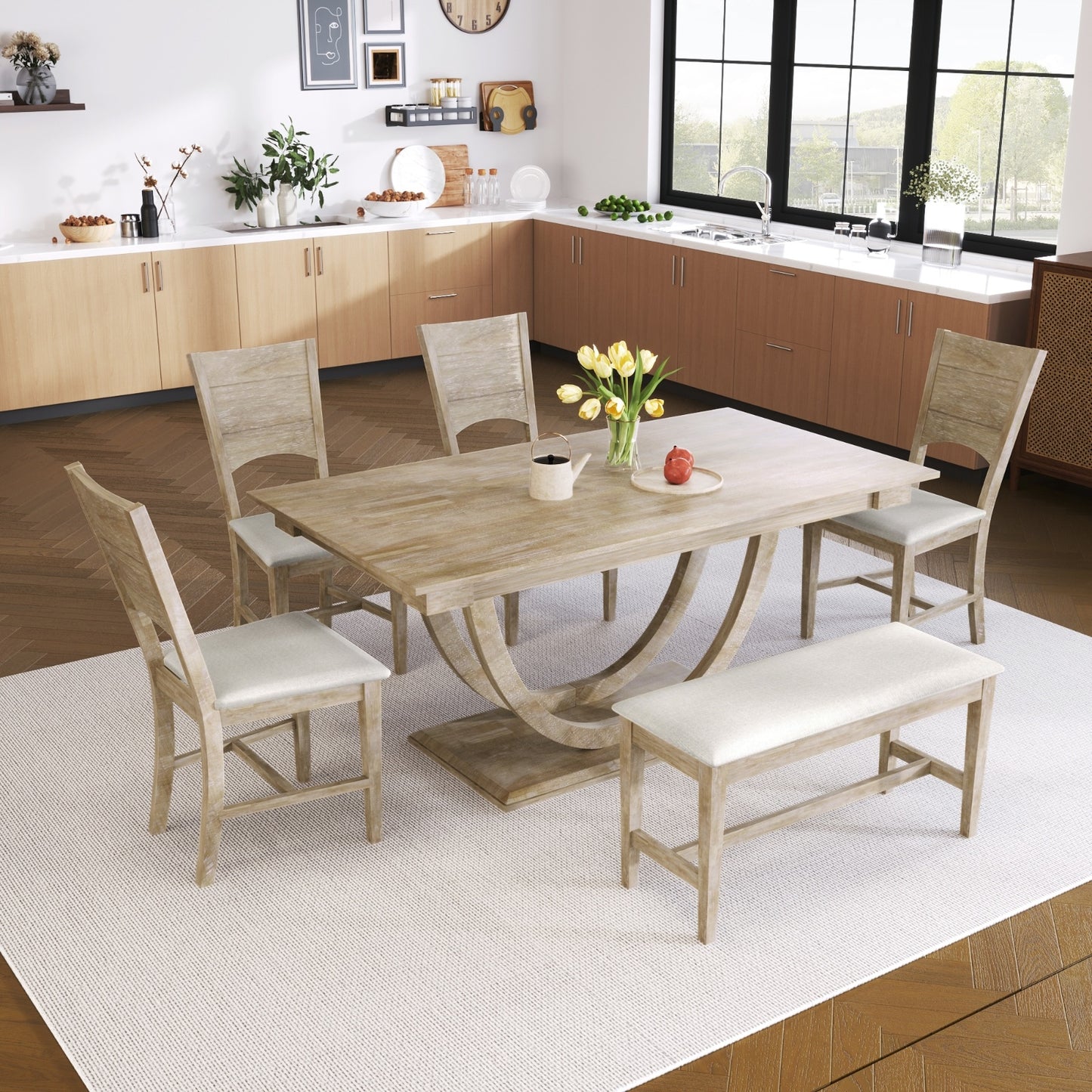 TOPMAX 6-Piece Wood Half Round Dining Table Set With Long Bench & 4 Chairs