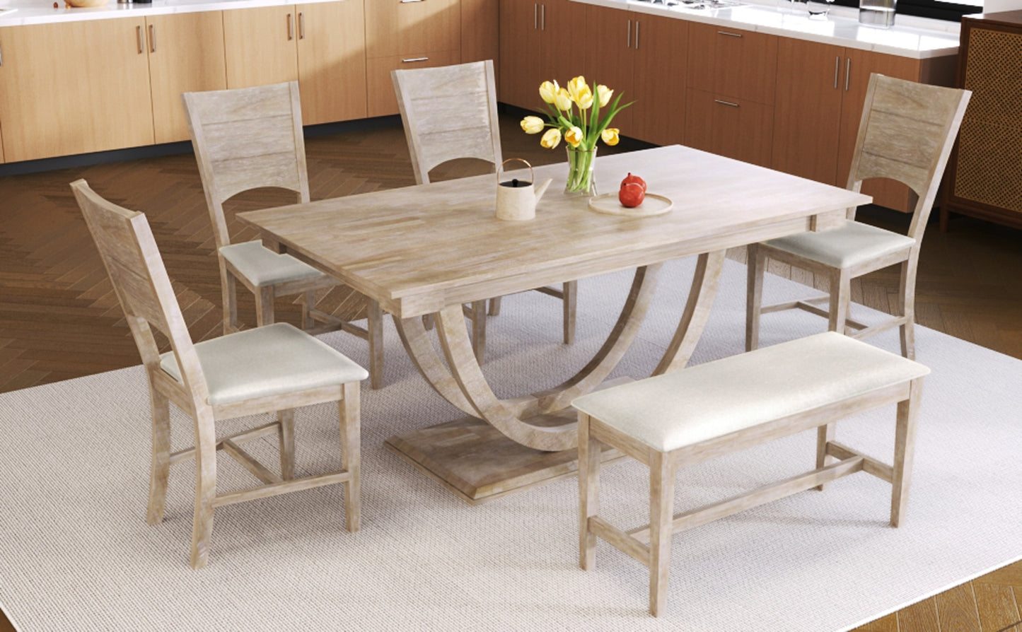 TOPMAX 6-Piece Wood Half Round Dining Table Set With Long Bench & 4 Chairs