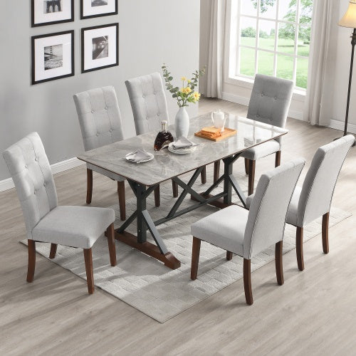 Modern Dining Table For 6-8, 7 Piece Kitchen Dining Table Set, Gray Sintered Stone Dining Table With 6 Tufted Upholstered Chairs, 63-inch Rectangle Dining Table For Dining Room