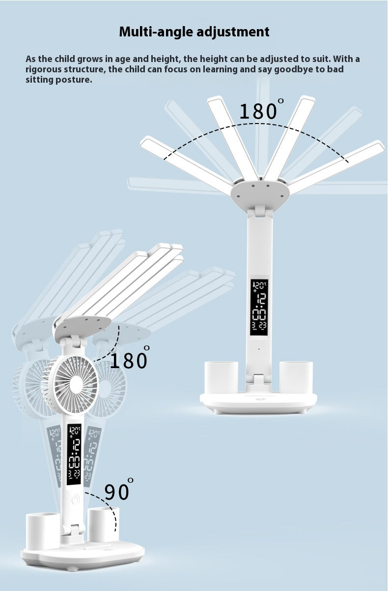 3in1 Multifunction Table Lamp LED Four-headed Folding With Fan Calendar Clock USB Rechargeable Desk Light 3 Color Reading Lamp