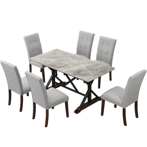 Modern Dining Table For 6-8, 7 Piece Kitchen Dining Table Set, Gray Sintered Stone Dining Table With 6 Tufted Upholstered Chairs, 63-inch Rectangle Dining Table For Dining Room