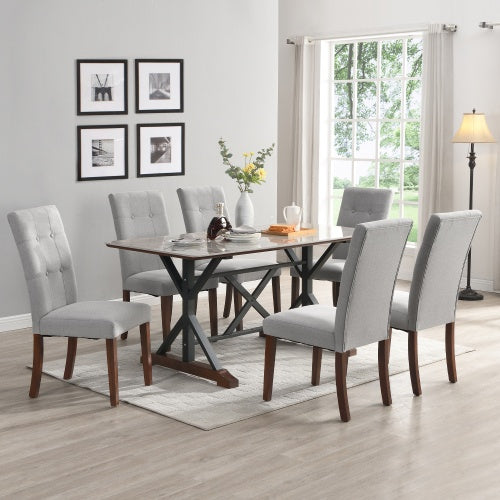 Modern Dining Table For 6-8, 7 Piece Kitchen Dining Table Set, Gray Sintered Stone Dining Table With 6 Tufted Upholstered Chairs, 63-inch Rectangle Dining Table For Dining Room