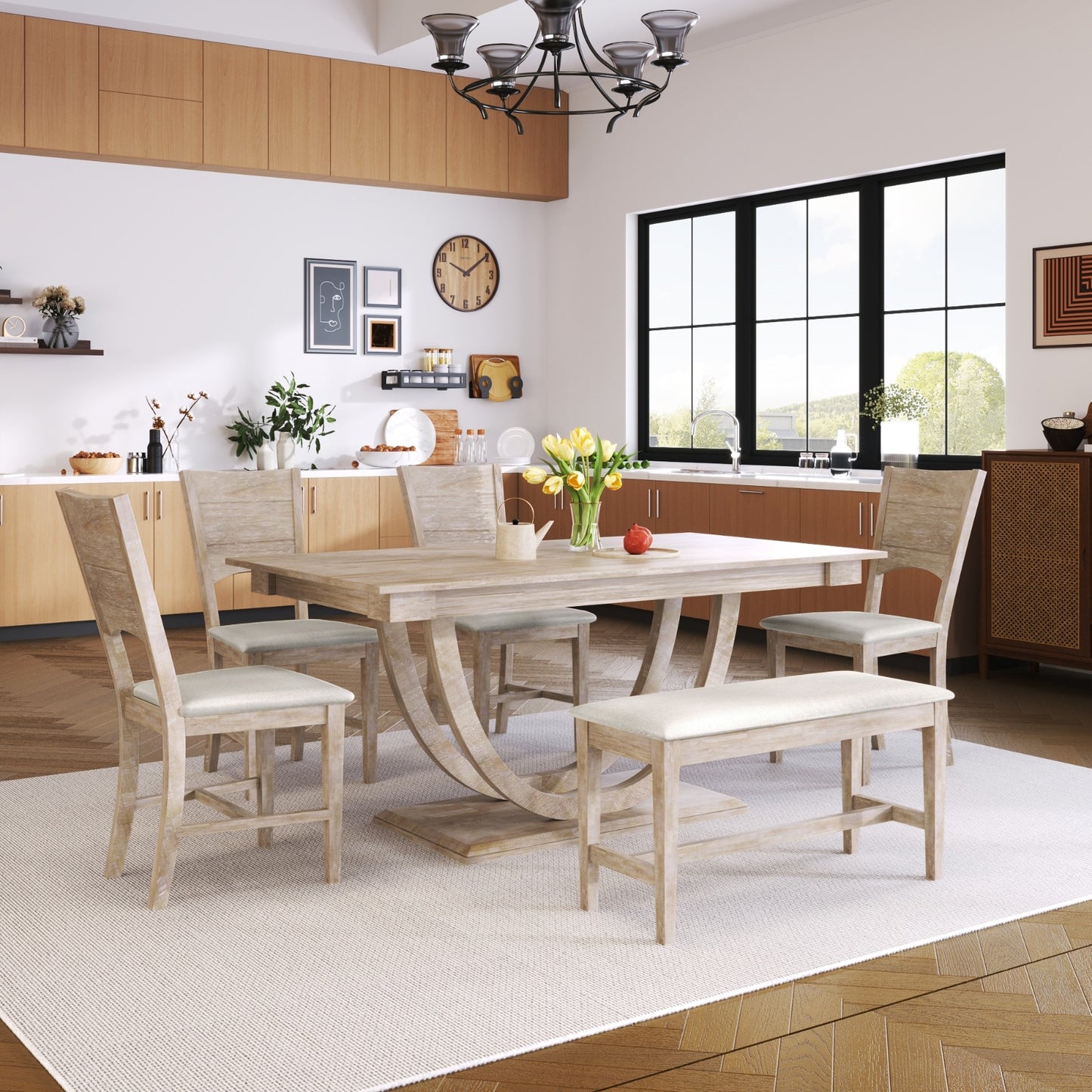 TOPMAX 6-Piece Wood Half Round Dining Table Set With Long Bench & 4 Chairs