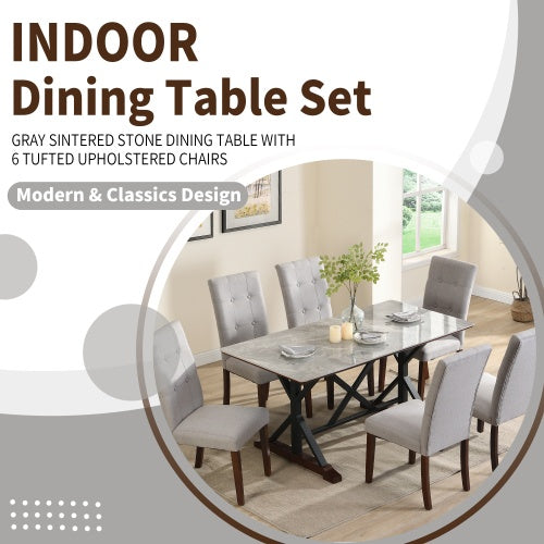 Modern Dining Table For 6-8, 7 Piece Kitchen Dining Table Set, Gray Sintered Stone Dining Table With 6 Tufted Upholstered Chairs, 63-inch Rectangle Dining Table For Dining Room